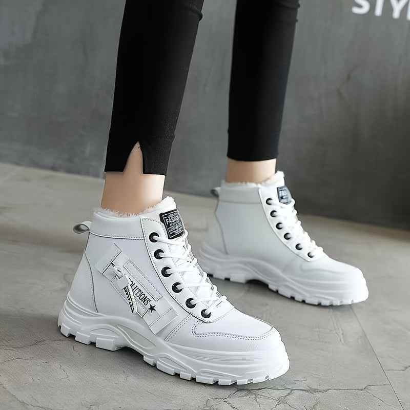 Women’s High-Top Winter Boots - Stylish White Lace-Up with Faux Fur Lining, Waterproof PVC Sole, Casual All-Season Footwear, Casual Winter Boots|Faux Fur Lined Boots|Laceup Boots - BON's