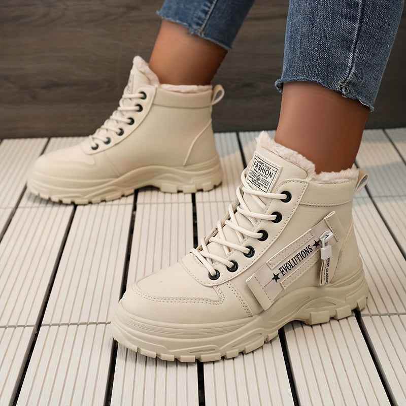 Women’s High-Top Winter Boots - Stylish White Lace-Up with Faux Fur Lining, Waterproof PVC Sole, Casual All-Season Footwear, Casual Winter Boots|Faux Fur Lined Boots|Laceup Boots - BON's