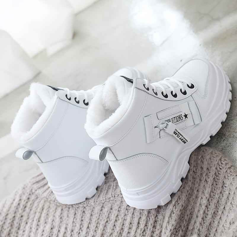 Women’s High-Top Winter Boots - Stylish White Lace-Up with Faux Fur Lining, Waterproof PVC Sole, Casual All-Season Footwear, Casual Winter Boots|Faux Fur Lined Boots|Laceup Boots - BON's