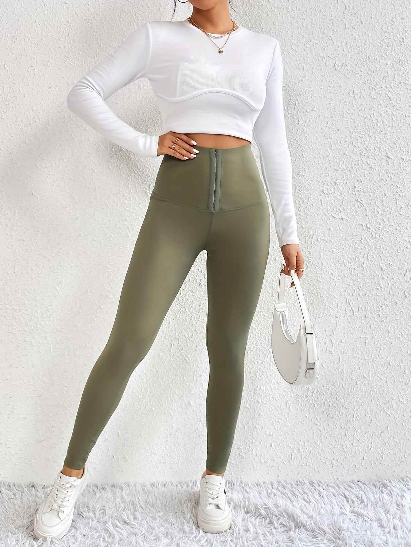 Women’s High-Waist Tummy Control Leggings - Olive Green, Thickened, Stretchy, Button Closure for Butt Lifting & Belly Smoothing, Long Length Skinny Jeans - BON's