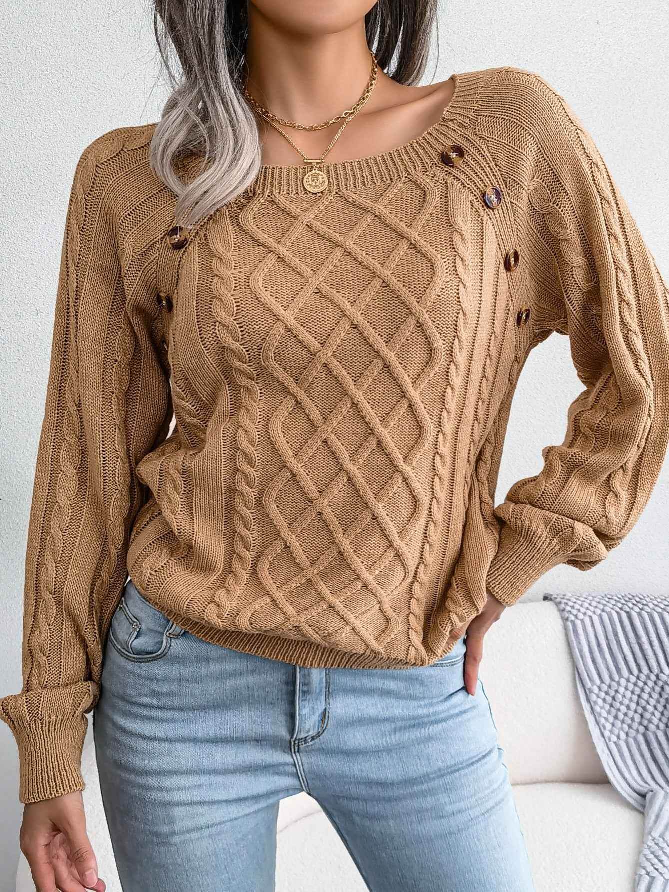 Texture Button Women Round Neck Lantern Sleeve Sweater - Stylish Design - BON's