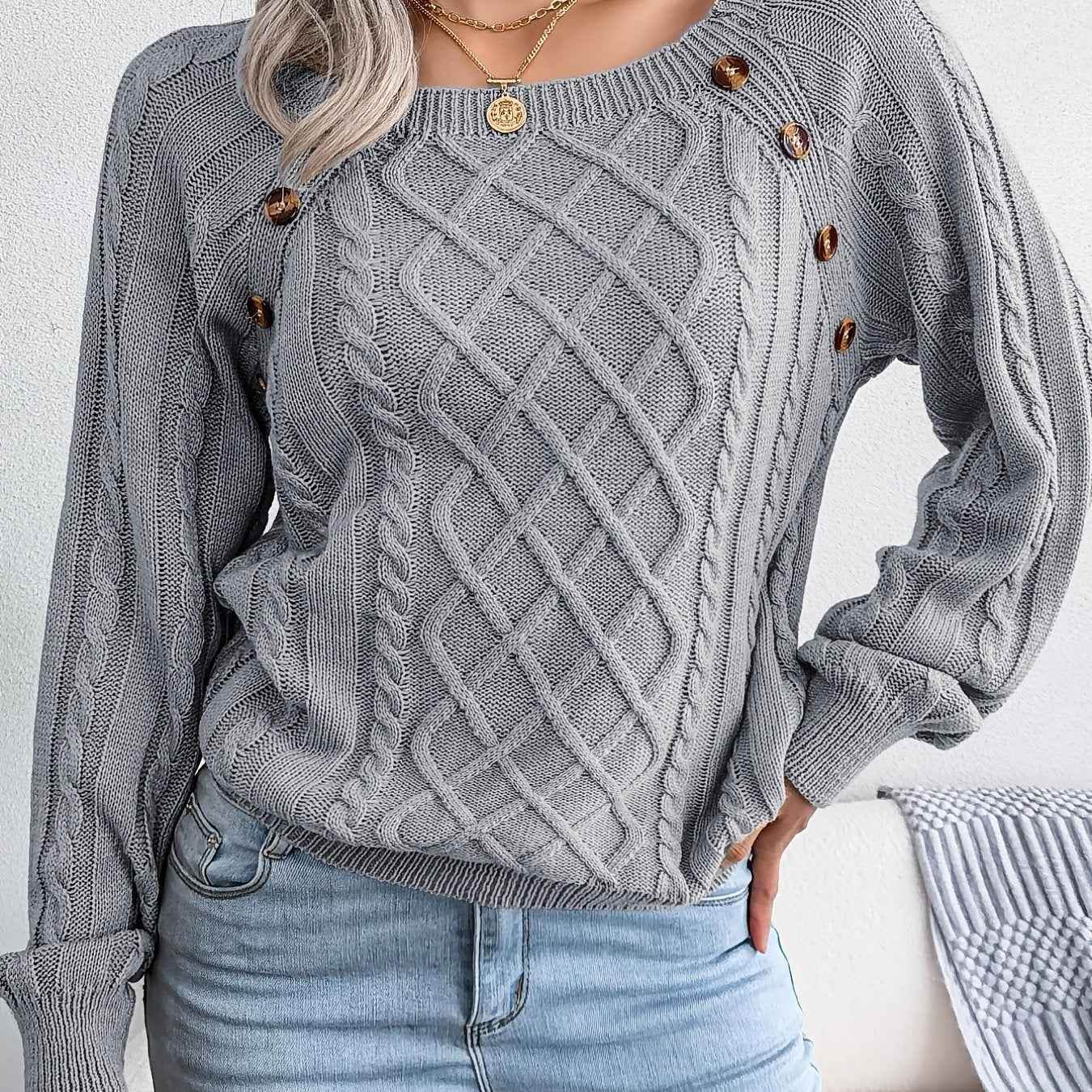 Texture Button Women Round Neck Lantern Sleeve Sweater - Stylish Design - BON's
