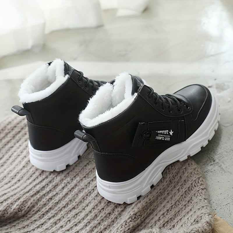 Women’s High-Top Winter Boots - Stylish White Lace-Up with Faux Fur Lining, Waterproof PVC Sole, Casual All-Season Footwear, Casual Winter Boots|Faux Fur Lined Boots|Laceup Boots - BON's
