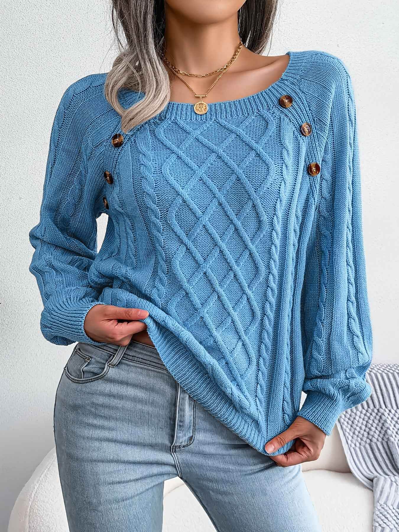 Texture Button Women Round Neck Lantern Sleeve Sweater - Stylish Design - BON's