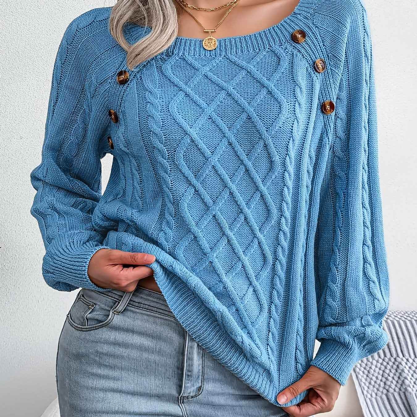 Texture Button Women Round Neck Lantern Sleeve Sweater - Stylish Design - BON's