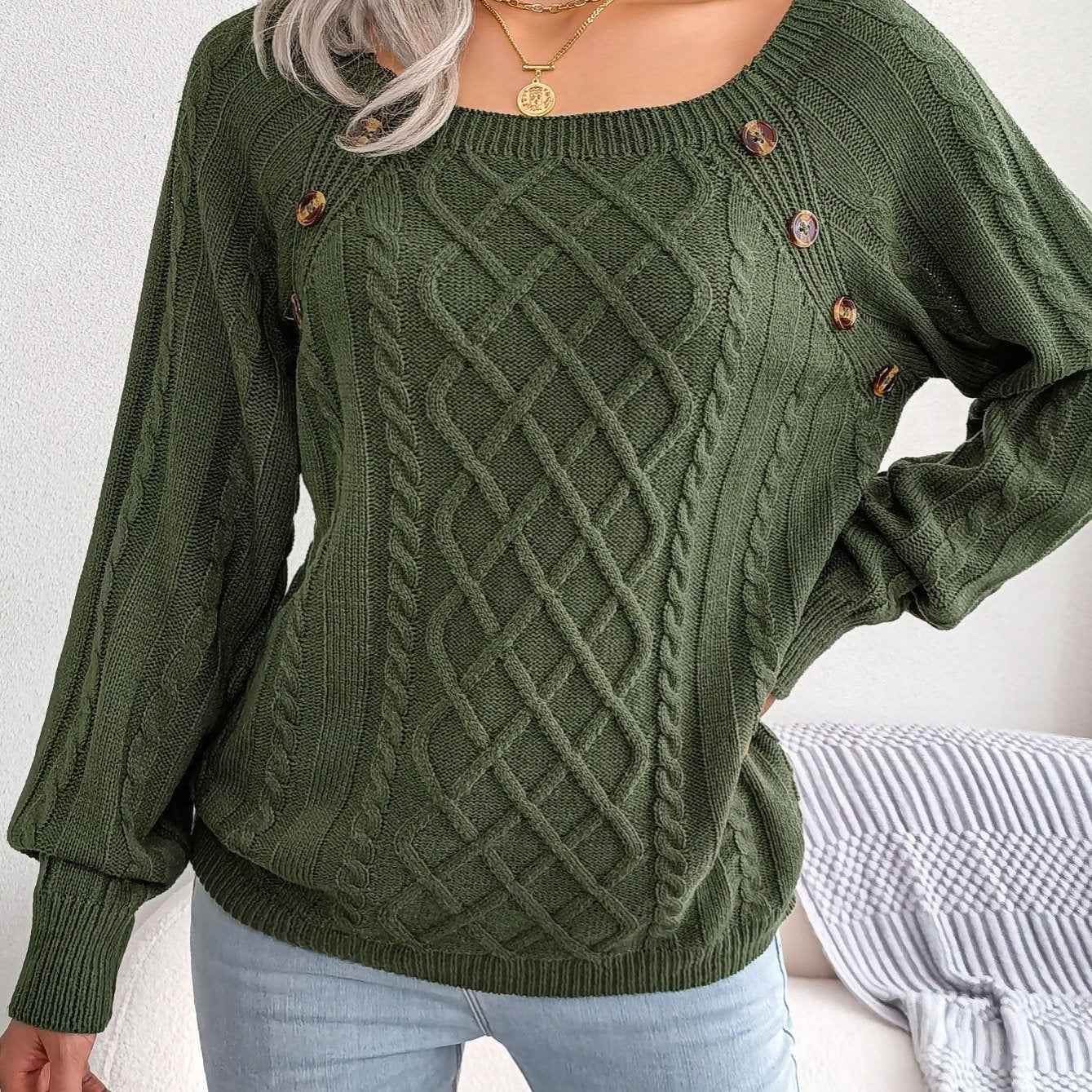 Texture Button Women Round Neck Lantern Sleeve Sweater - Stylish Design - BON's