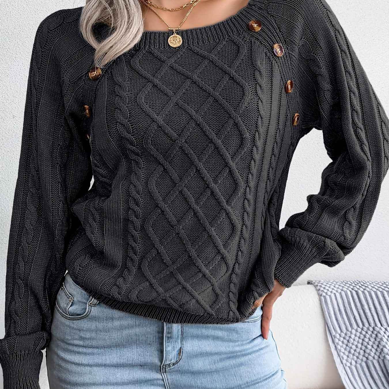 Texture Button Women Round Neck Lantern Sleeve Sweater - Stylish Design - BON's