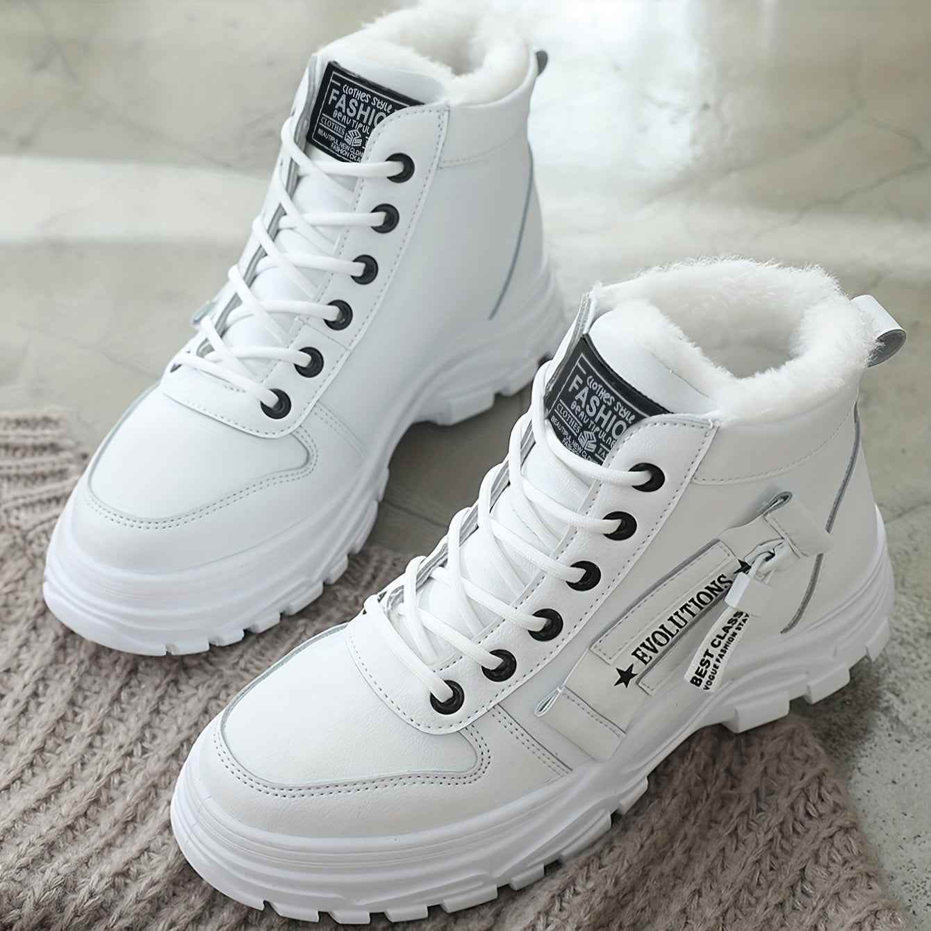 Women’s High-Top Winter Boots - Stylish White Lace-Up with Faux Fur Lining, Waterproof PVC Sole, Casual All-Season Footwear, Casual Winter Boots|Faux Fur Lined Boots|Laceup Boots - BON's