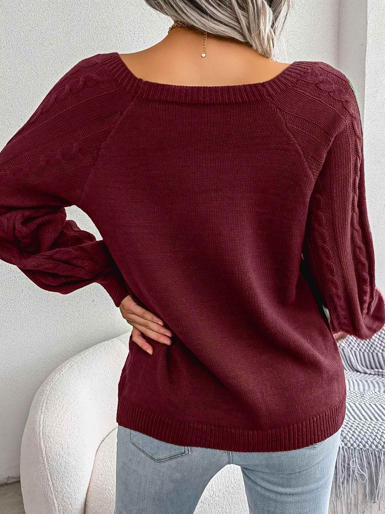 Texture Button Women Round Neck Lantern Sleeve Sweater - Stylish Design - BON's
