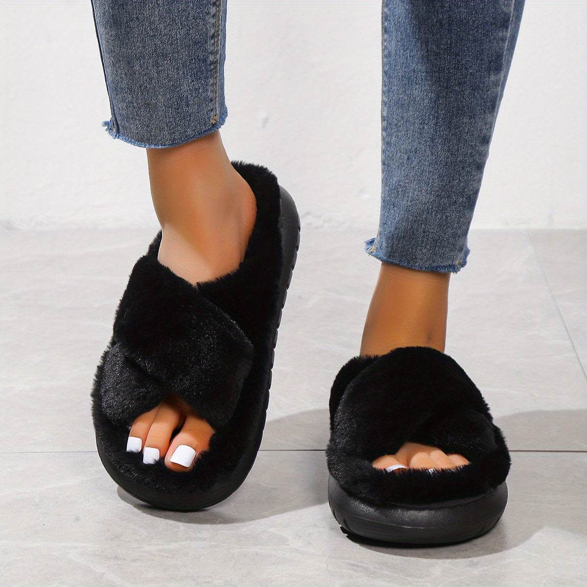 Women's Fuzzy Slippers - Platform Open Toe Criss Cross Casual Home Slides for Ultimate Comfort - BON's