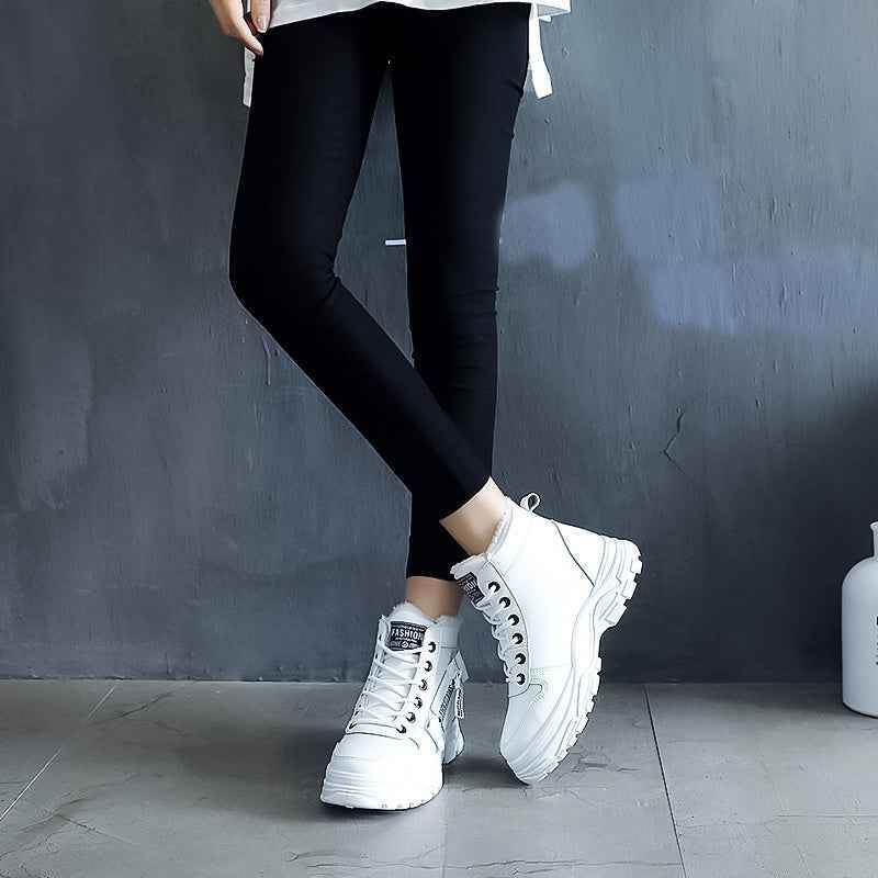 Women’s High-Top Winter Boots - Stylish White Lace-Up with Faux Fur Lining, Waterproof PVC Sole, Casual All-Season Footwear, Casual Winter Boots|Faux Fur Lined Boots|Laceup Boots - BON's