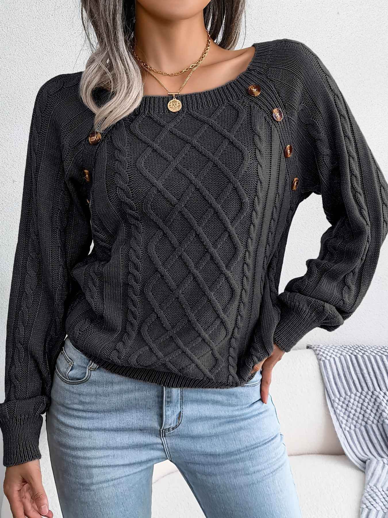 Texture Button Women Round Neck Lantern Sleeve Sweater - Stylish Design - BON's