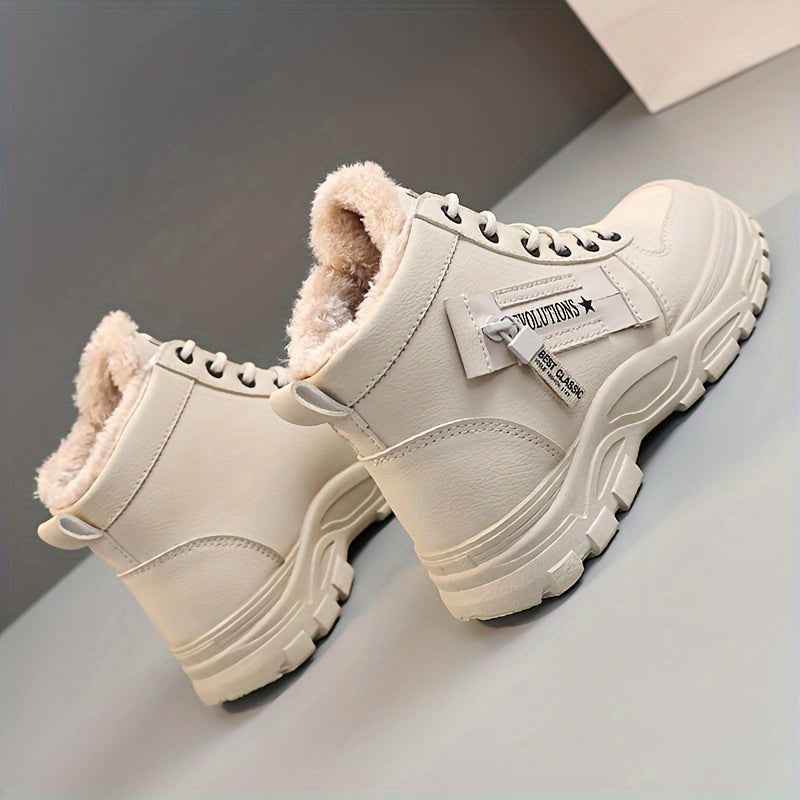 Women’s High-Top Winter Boots - Stylish White Lace-Up with Faux Fur Lining, Waterproof PVC Sole, Casual All-Season Footwear, Casual Winter Boots|Faux Fur Lined Boots|Laceup Boots - BON's