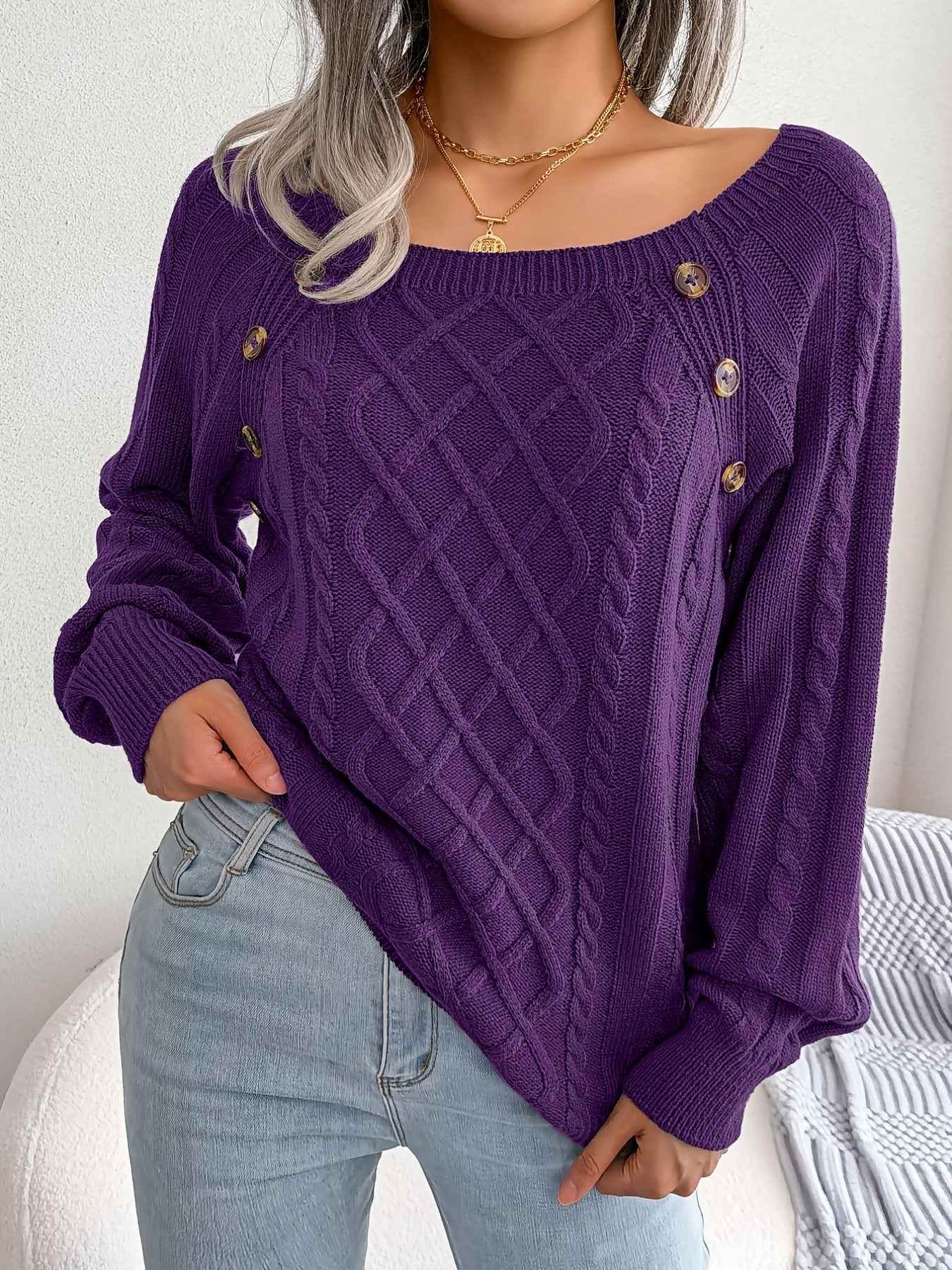 Texture Button Women Round Neck Lantern Sleeve Sweater - Stylish Design - BON's