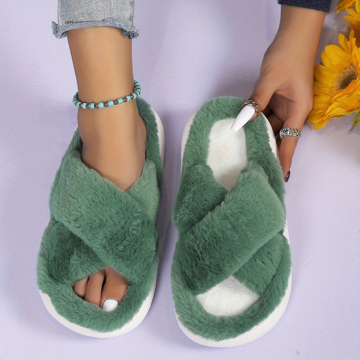 Women's Fuzzy Slippers - Platform Open Toe Criss Cross Casual Home Slides for Ultimate Comfort - BON's