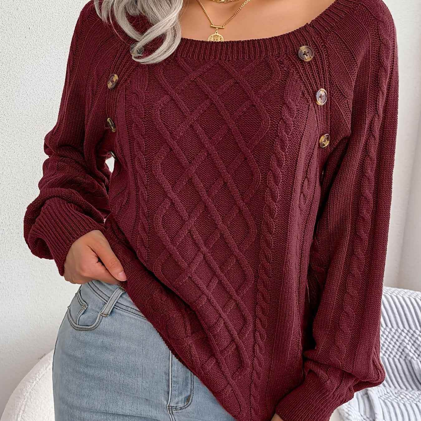 Texture Button Women Round Neck Lantern Sleeve Sweater - Stylish Design - BON's