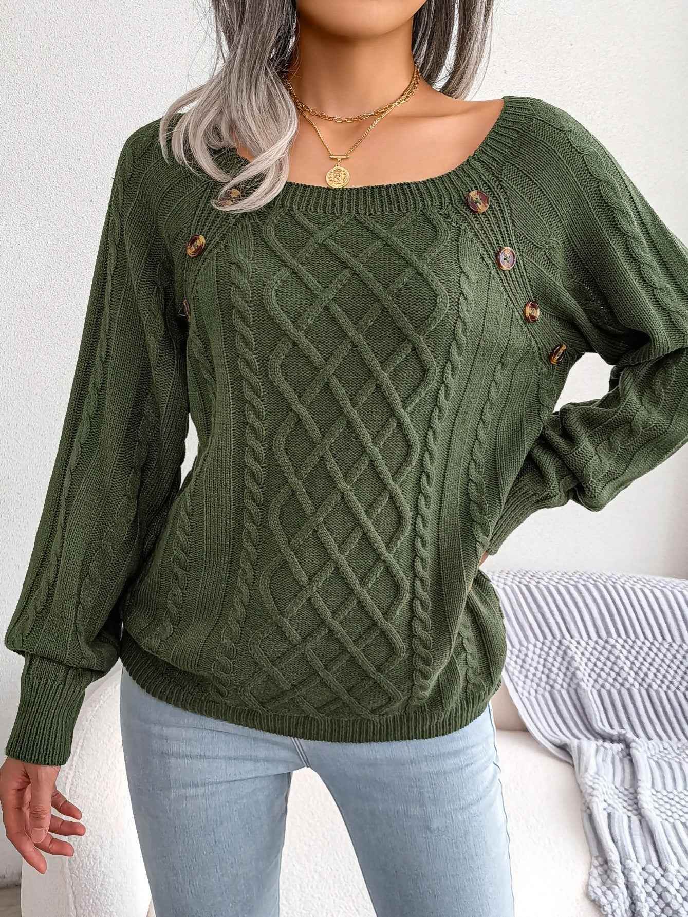 Texture Button Women Round Neck Lantern Sleeve Sweater - Stylish Design - BON's