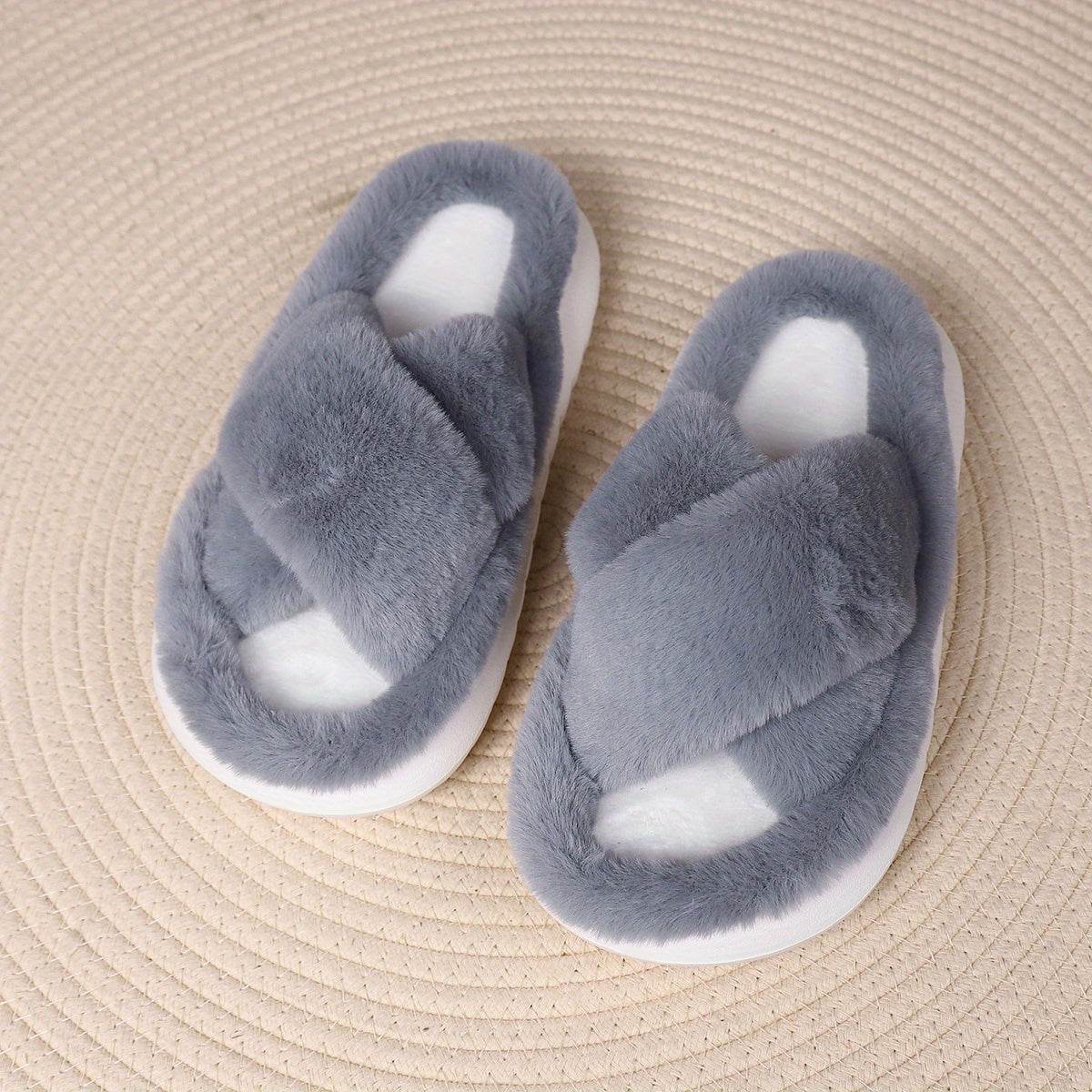 Women's Fuzzy Slippers - Platform Open Toe Criss Cross Casual Home Slides for Ultimate Comfort - BON's