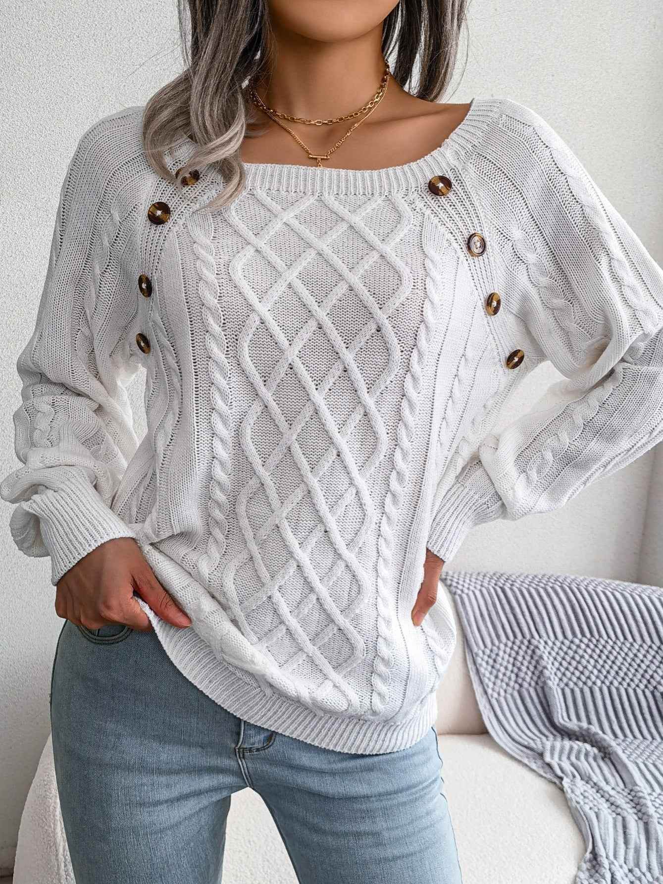 Texture Button Women Round Neck Lantern Sleeve Sweater - Stylish Design - BON's