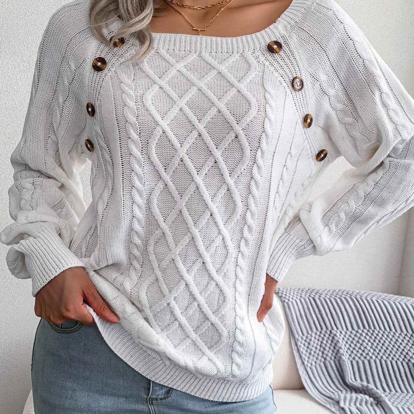 Texture Button Women Round Neck Lantern Sleeve Sweater - Stylish Design - BON's