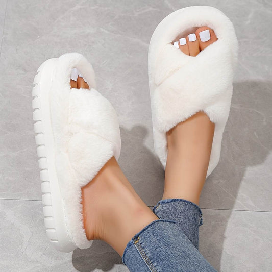 Women's Fuzzy Slippers - Platform Open Toe Criss Cross Casual Home Slides for Ultimate Comfort - BON's