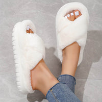 Women's Platform Fuzzy House Slippers, Open Toe Criss Cross Solid Color Casual Home Slides, Women's Indoor Flat Comfy Shoes - BON's