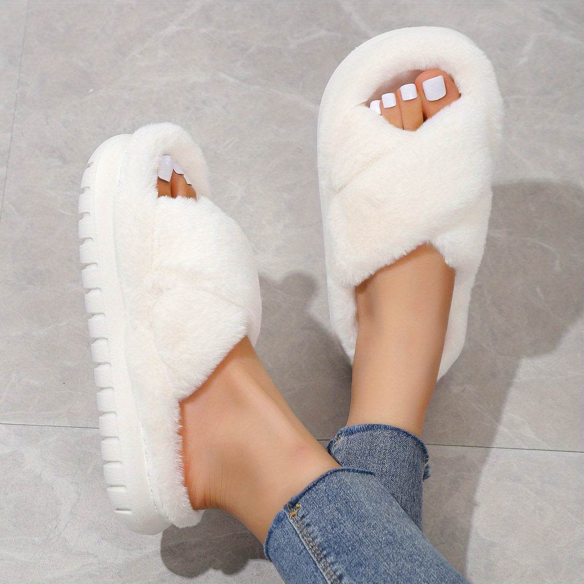 Women's Fuzzy Slippers - Platform Open Toe Criss Cross Casual Home Slides for Ultimate Comfort - BON's