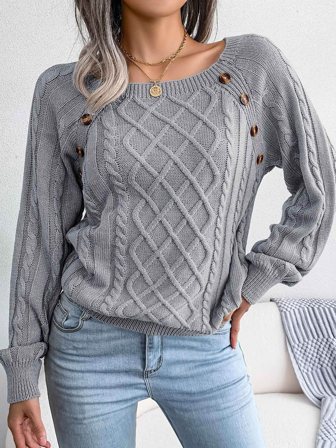Texture Button Women Round Neck Lantern Sleeve Sweater - Stylish Design - BON's