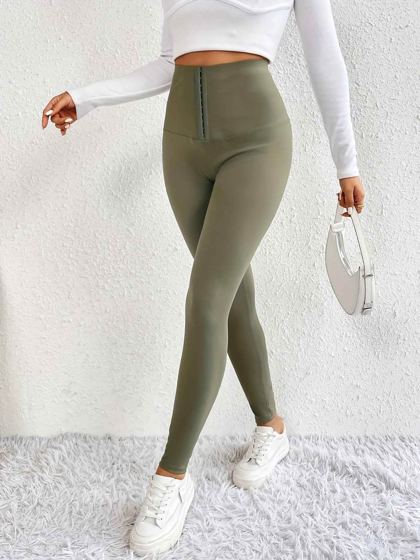 Women’s High-Waist Tummy Control Leggings - Olive Green, Thickened, Stretchy, Button Closure for Butt Lifting & Belly Smoothing, Long Length Skinny Jeans - BON's