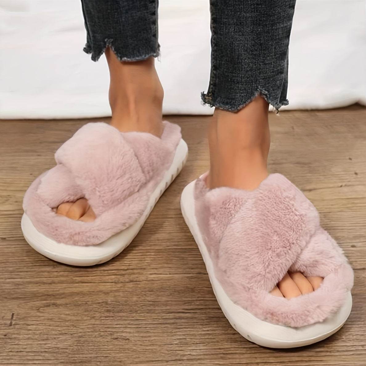 Women's Fuzzy Slippers - Platform Open Toe Criss Cross Casual Home Slides for Ultimate Comfort - BON's