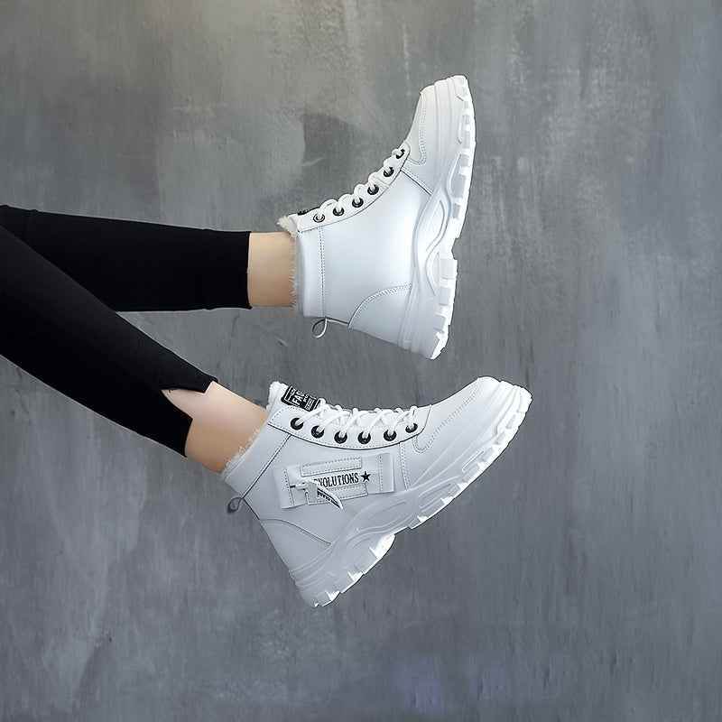 Women’s High-Top Winter Boots - Stylish White Lace-Up with Faux Fur Lining, Waterproof PVC Sole, Casual All-Season Footwear, Casual Winter Boots|Faux Fur Lined Boots|Laceup Boots - BON's