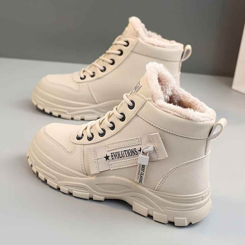 Women’s High-Top Winter Boots - Stylish White Lace-Up with Faux Fur Lining, Waterproof PVC Sole, Casual All-Season Footwear, Casual Winter Boots|Faux Fur Lined Boots|Laceup Boots - BON's