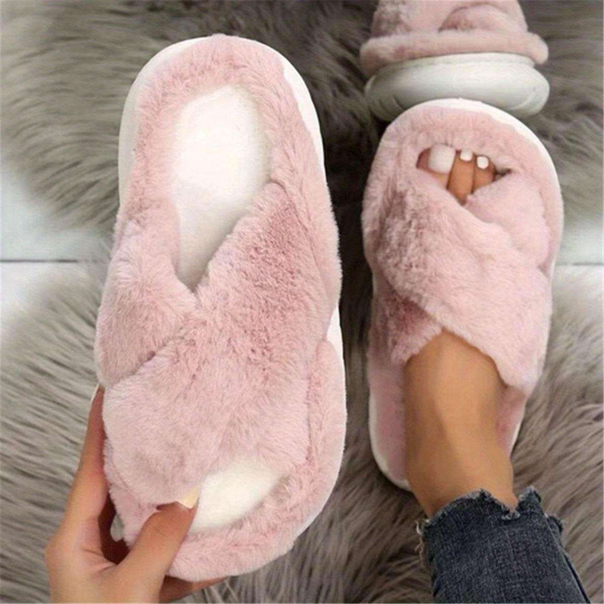 Women's Fuzzy Slippers - Platform Open Toe Criss Cross Casual Home Slides for Ultimate Comfort - BON's