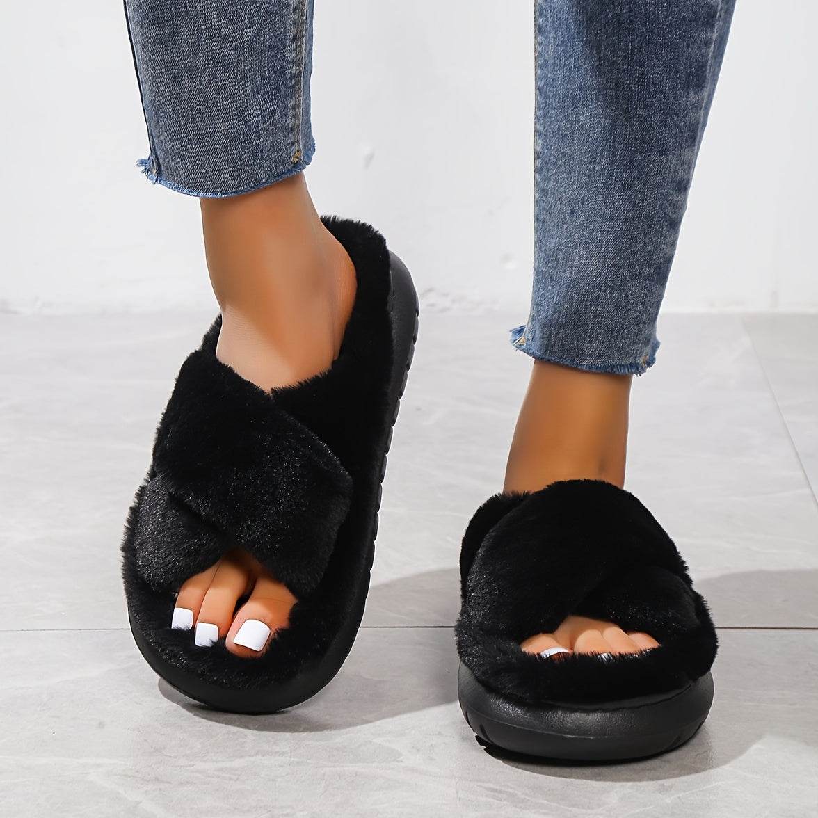 Women's Fuzzy Slippers - Platform Open Toe Criss Cross Casual Home Slides for Ultimate Comfort - BON's