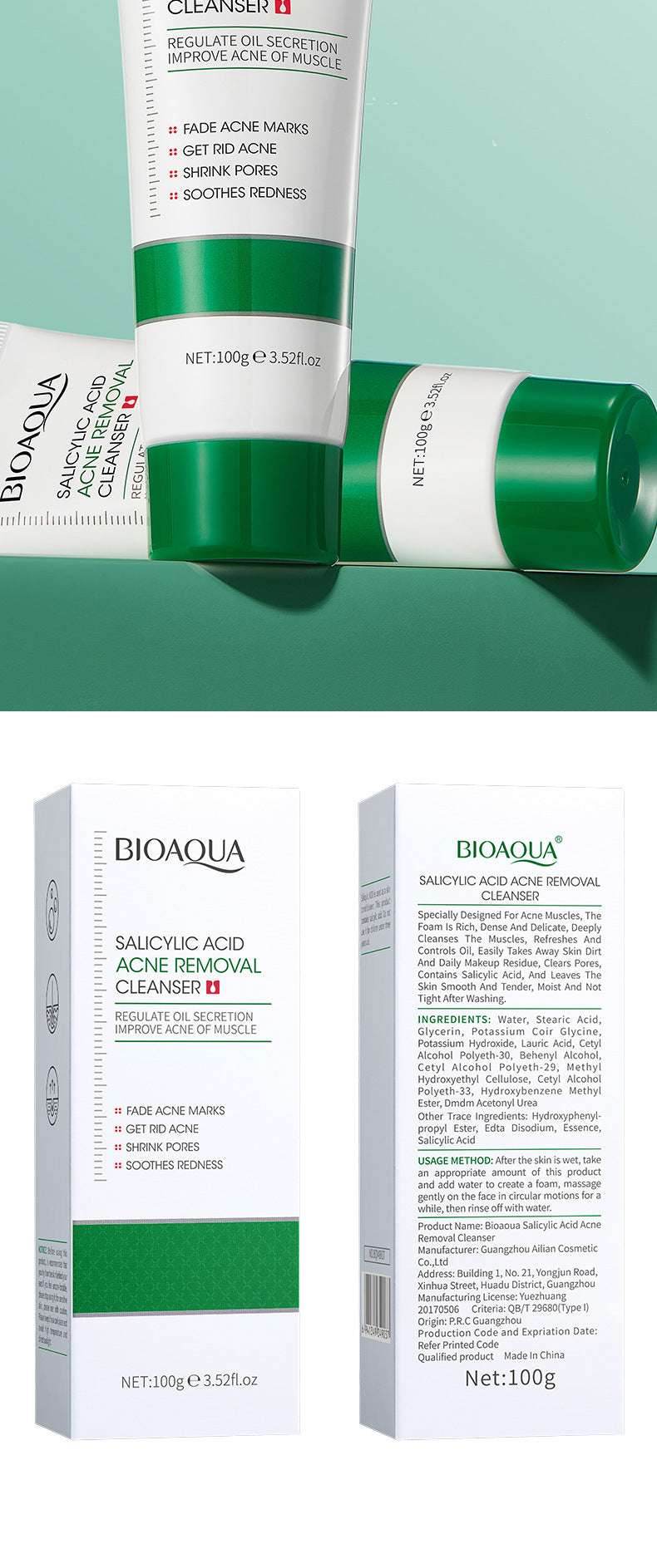 BIOAQUA Salicylic Acid Facial Cleanser Acne Treatment Moisturizing Oil Control skincare Face Wash Foam Face Cleanser Skin Care - BON's
