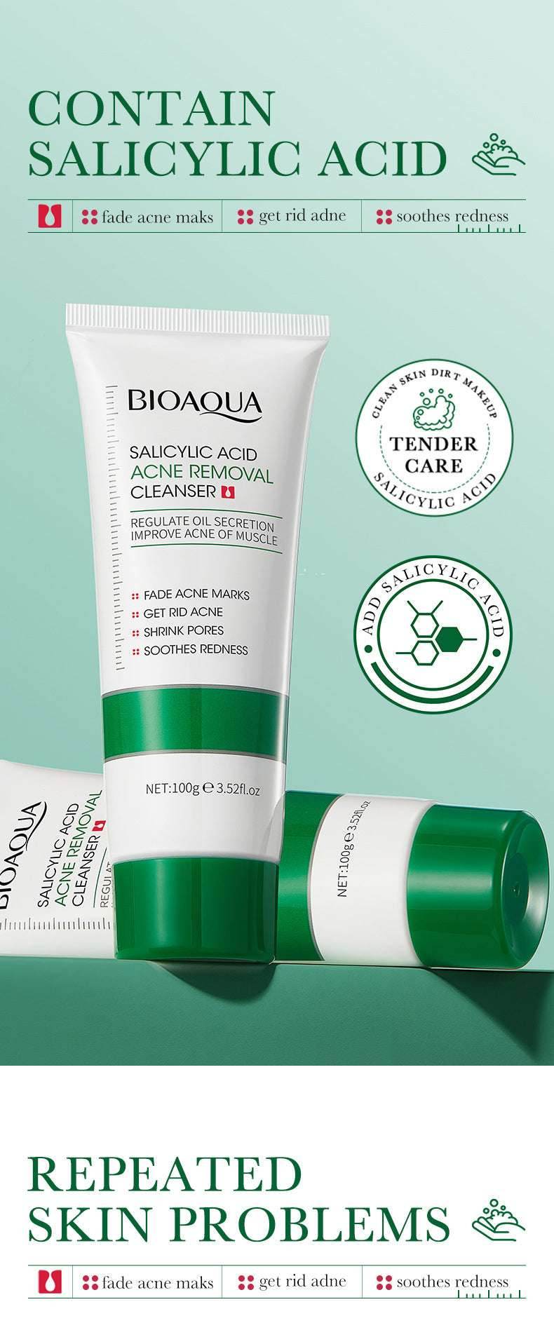 BIOAQUA Salicylic Acid Facial Cleanser Acne Treatment Moisturizing Oil Control skincare Face Wash Foam Face Cleanser Skin Care - BON's