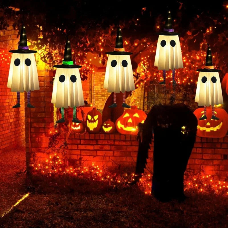 Glowing Hanging Ghost & Witch Hat Lights – Outdoor Halloween Decorations for Trees, Garden & Yard