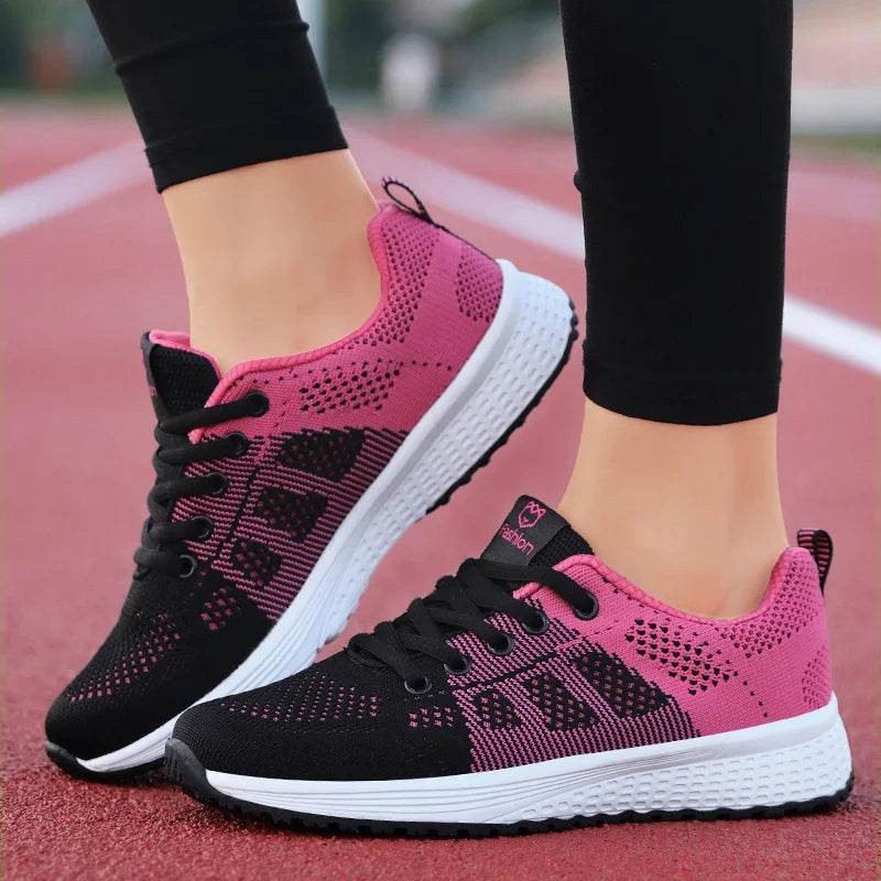 Women Breathable Casual Sneakers Lace Up Flat Walking Shoes - Pink, Black, White - BON's
