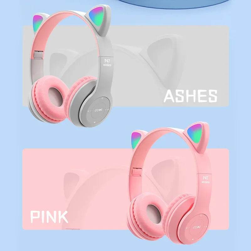 P47M Wireless Cat Ear Headphones with Mic and LED Light - Cute Stereo Bluetooth Headset Gift - BON's
