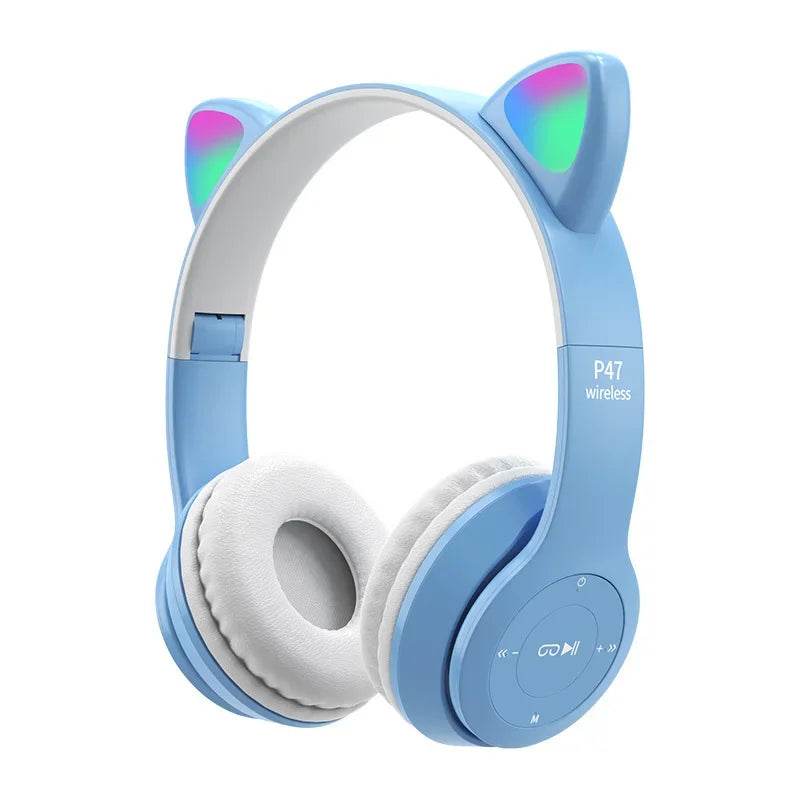 P47M Wireless Cat Ear Headphones with Mic and LED Light - Cute Stereo Bluetooth Headset Gift - BON's