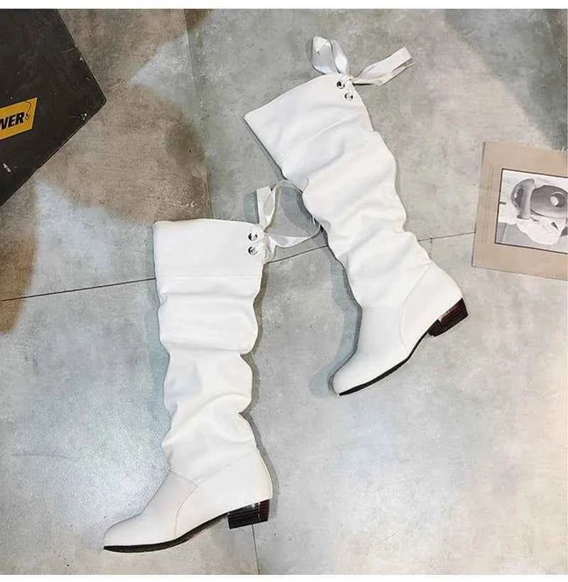 2023 Women’s Knee-High Leather Boots – Red, Black & White Pleated Tall Boots with Low Heel for Casual Streetwear