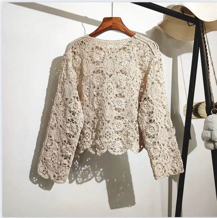 Korean Lace Cardigan for Women - 2024 Spring and Summer O Neck Long Sleeve Casual Hollow Shawl Cotton Top - BON's