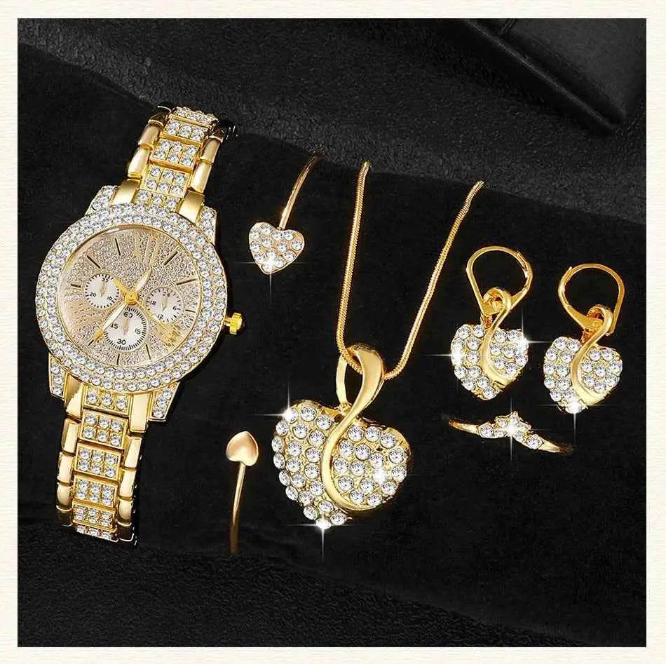 Women's Luxury Watches Set - Gold Quartz Watch, Ring, Necklace, and Earring Jewelry Set - BON's