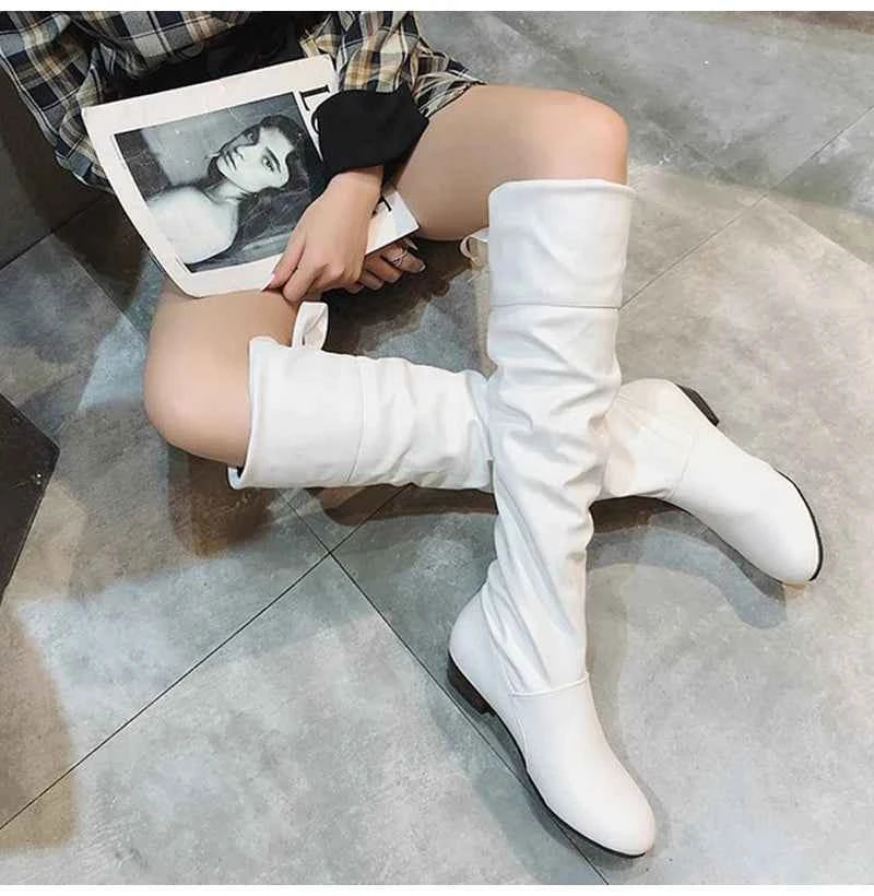 2023 Women’s Knee-High Leather Boots – Red, Black & White Pleated Tall Boots with Low Heel for Casual Streetwear