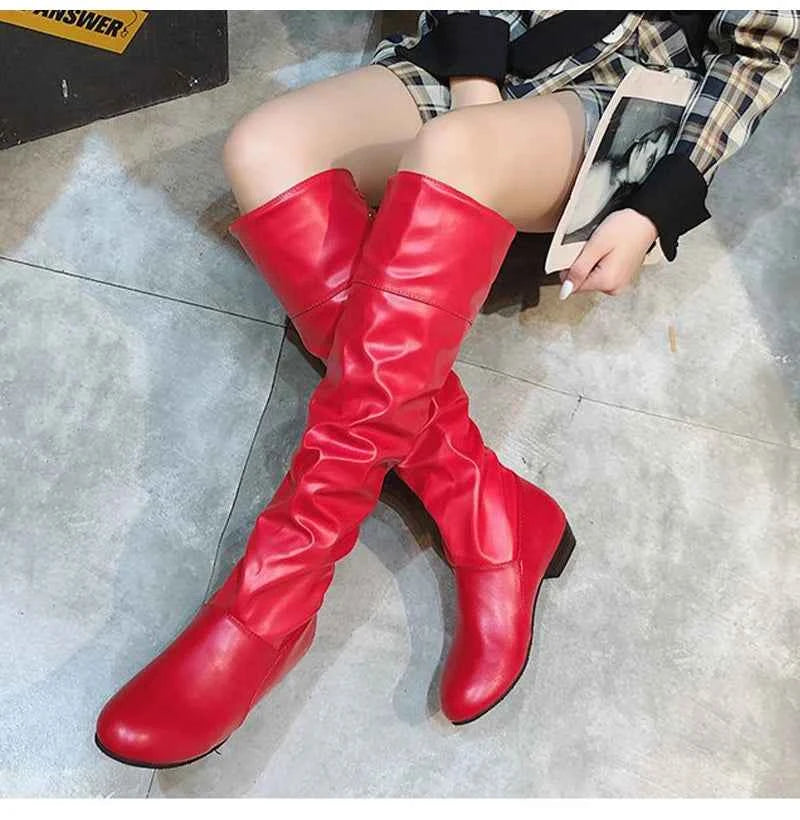 2023 Women’s Knee-High Leather Boots – Red, Black & White Pleated Tall Boots with Low Heel for Casual Streetwear