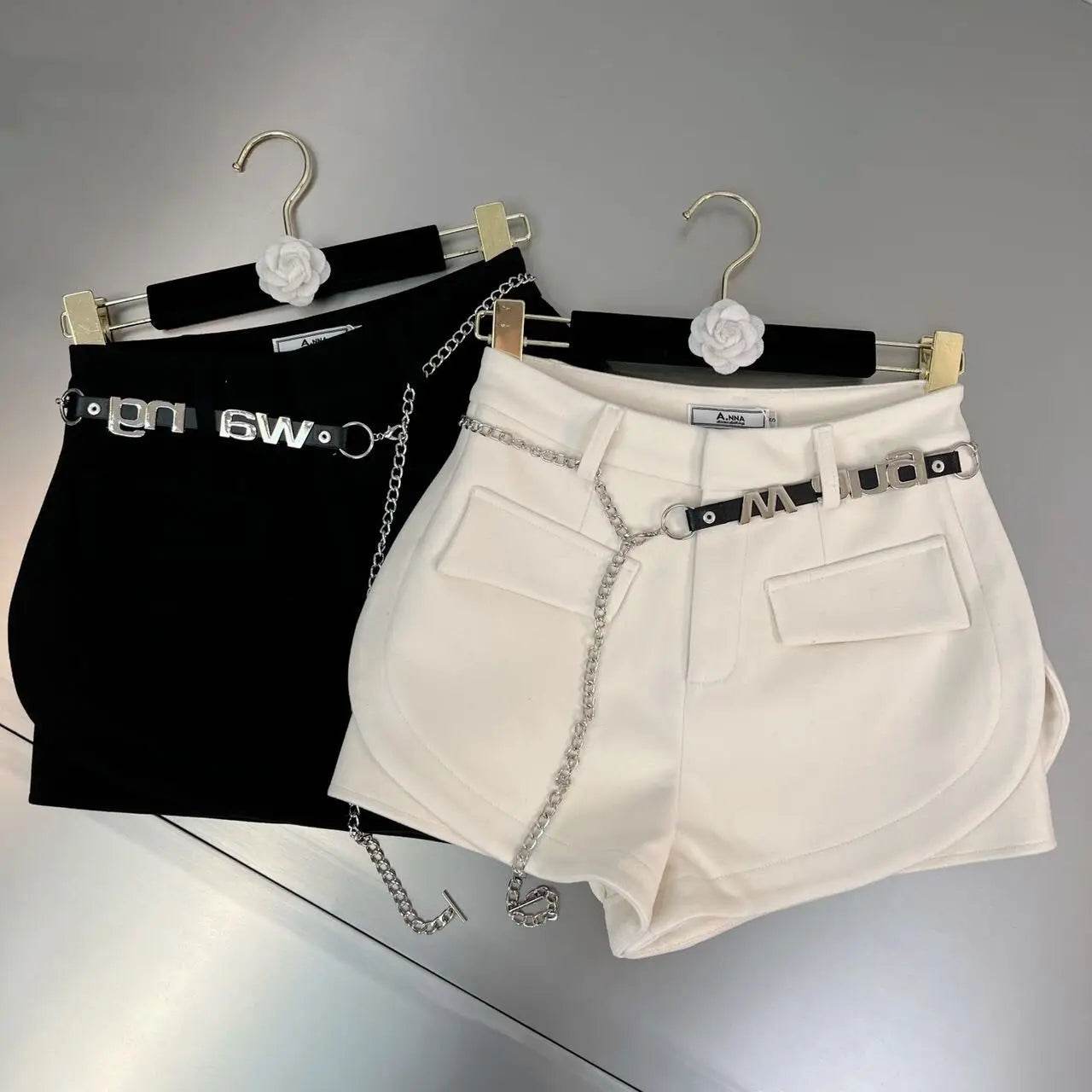 Pantalones Cortos De Mujer Patchwork Shorts for Women New Bottoms Letter Chain High Waist Slim Fit Korean Woolen Pants - BON's