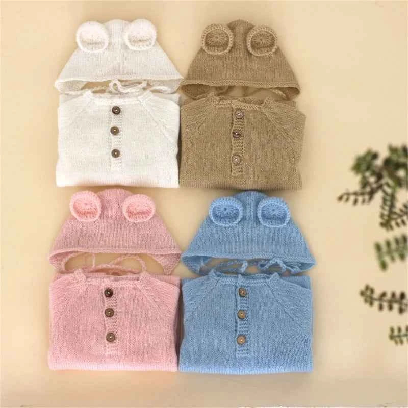 Baby Outfit Newborn Photography Props mohair Knitted Bear Rompers Footed Jumpsuit Hat 2pcs/Sets Photography Clothing Accessories