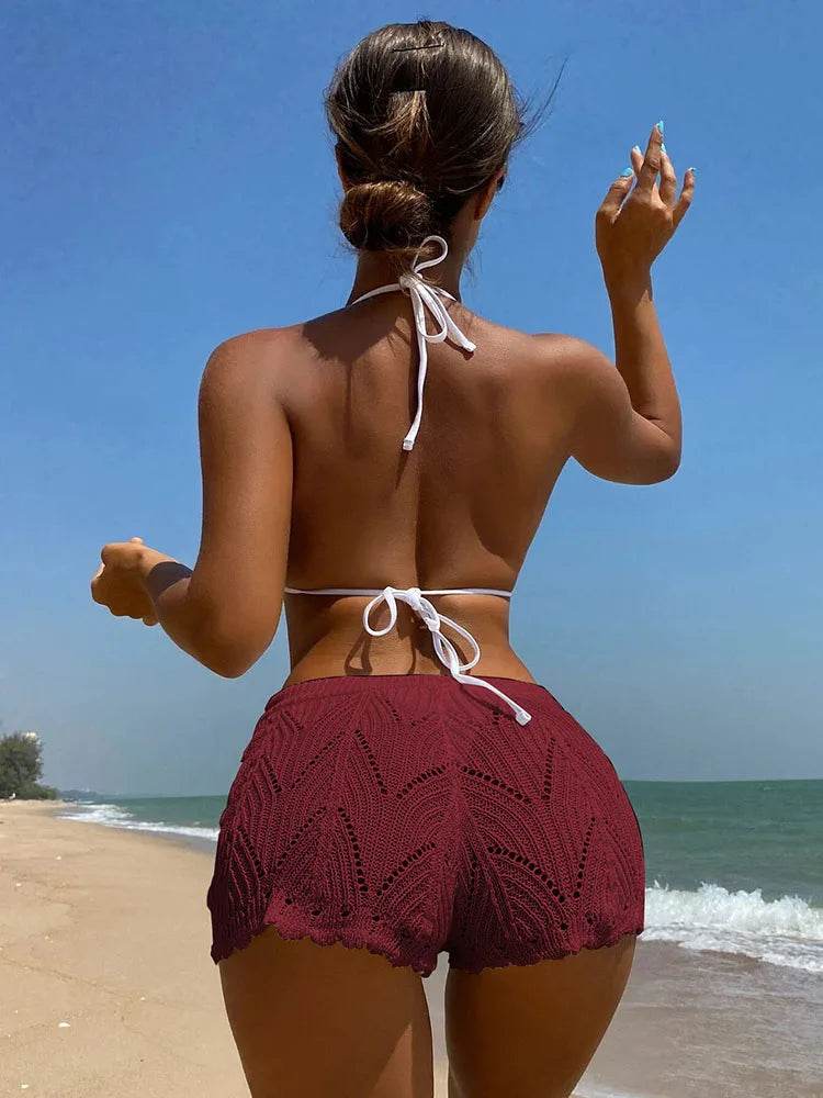 Polyester100.00% Hollow Drawstring Open Waist Knitted Bikini Blocked Women's Shorts - BON's