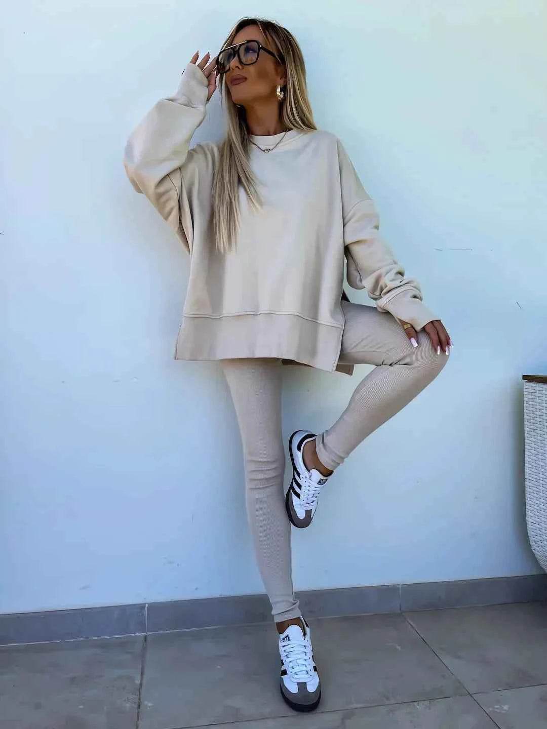 2025 Casual Tight Trousers Set with Loose Sweatshirt - European and American Style - BON's