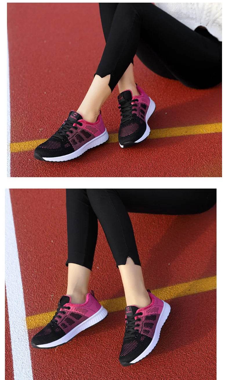 Women Breathable Casual Sneakers Lace Up Flat Walking Shoes - Pink, Black, White - BON's